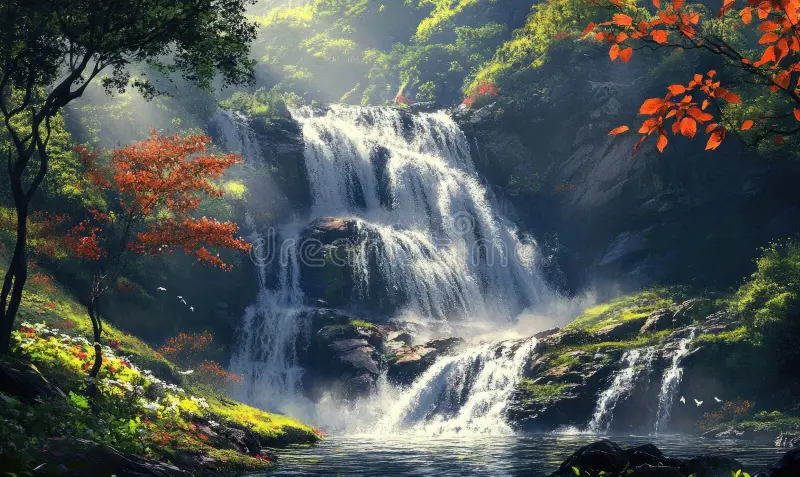 A dramatic waterfall in a lush forest